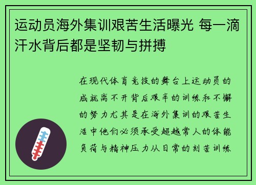运动员海外集训艰苦生活曝光 每一滴汗水背后都是坚韧与拼搏