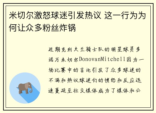 米切尔激怒球迷引发热议 这一行为为何让众多粉丝炸锅