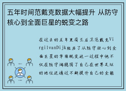 五年时间范戴克数据大幅提升 从防守核心到全面巨星的蜕变之路