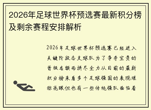 2026年足球世界杯预选赛最新积分榜及剩余赛程安排解析