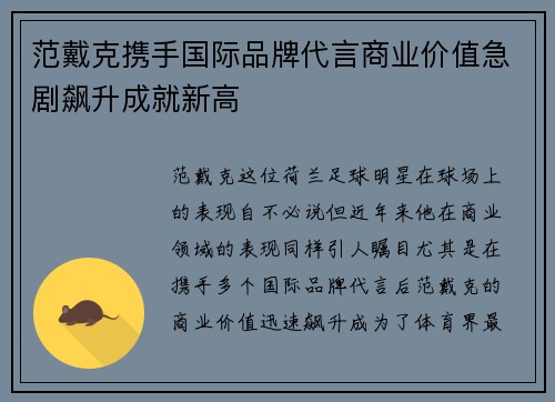 范戴克携手国际品牌代言商业价值急剧飙升成就新高