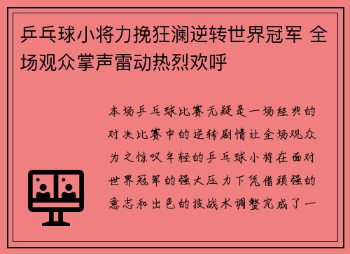 乒乓球小将力挽狂澜逆转世界冠军 全场观众掌声雷动热烈欢呼