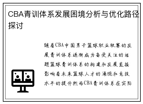CBA青训体系发展困境分析与优化路径探讨 CBA青训体系发展困境分析与优化路径探讨