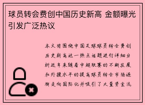 球员转会费创中国历史新高 金额曝光引发广泛热议 球员转会费创中国历史新高 金额曝光引发广泛热议