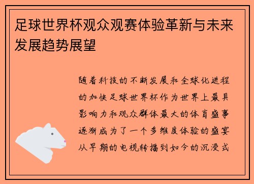 足球世界杯观众观赛体验革新与未来发展趋势展望 足球世界杯观众观赛体验革新与未来发展趋势展望